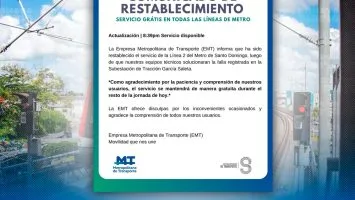 Metro de SD restablece servicio de la Línea 2 e informa que será gratuito por el resto de la noche