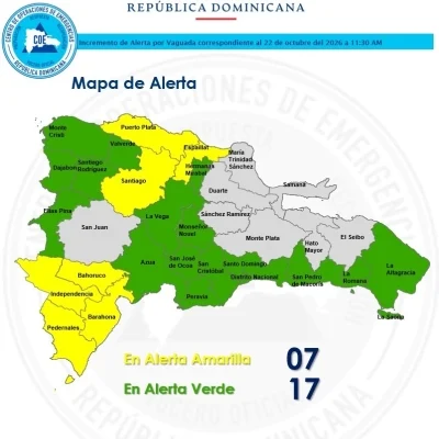 El COE coloca a siete provincias en alerta amarilla y a dieciséis y el DN en verde